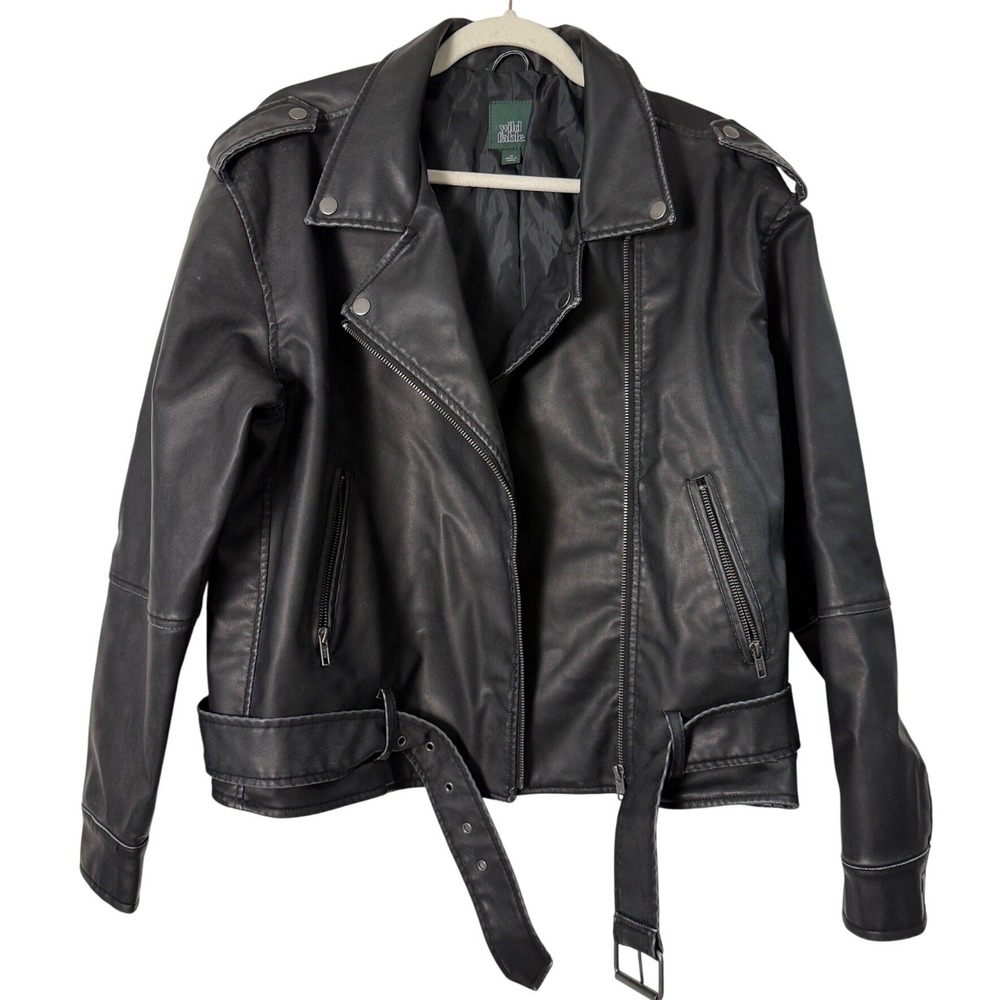 Wild Fable Moto Jacket Women Medium Black Excellent Faux Leather Belted Biker
